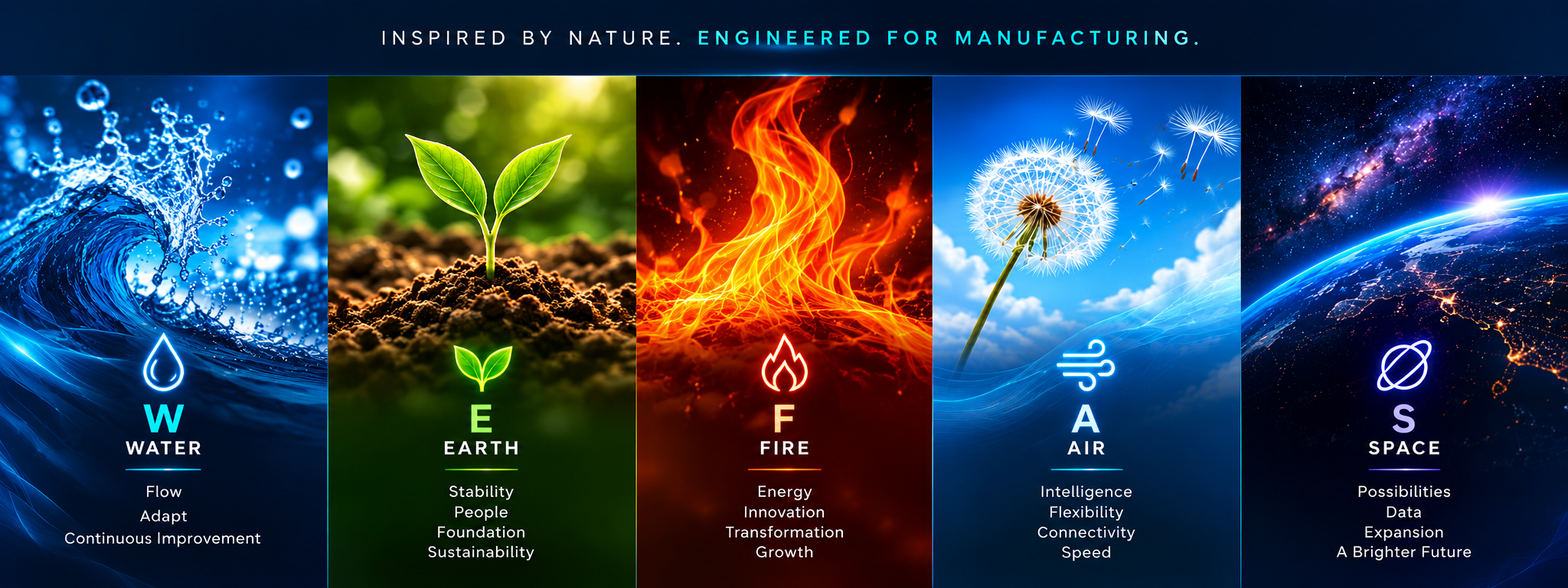 WEFAS five elements: Water, Earth, Fire, Air and Space